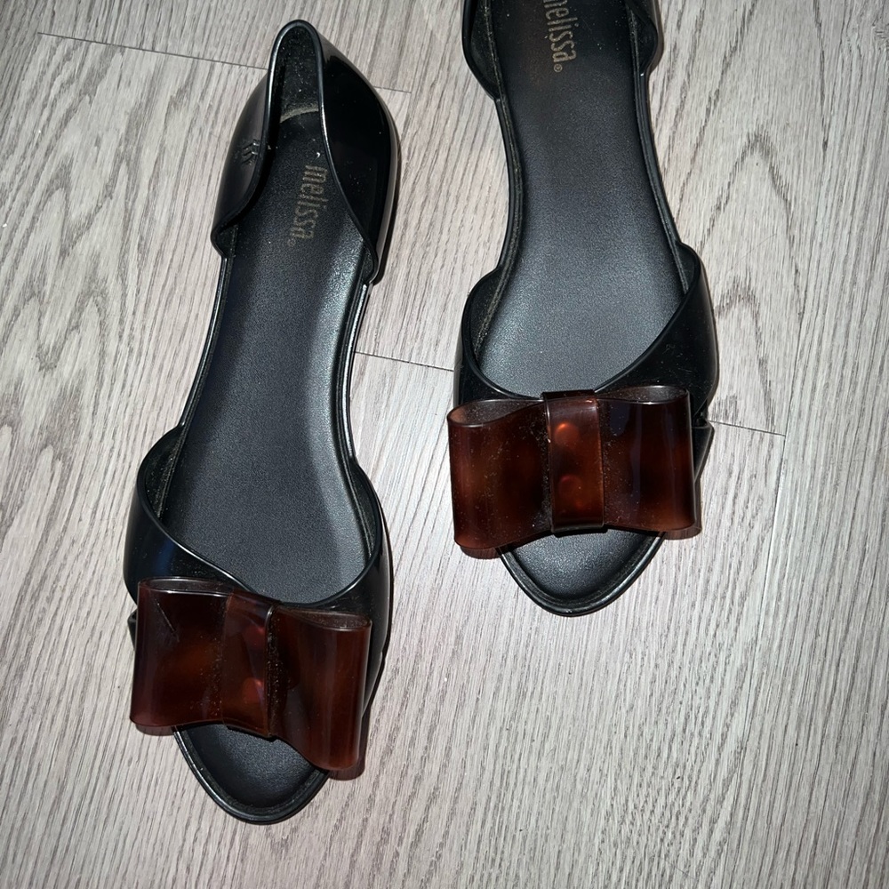 Melissa Seduction Womens 6 Black Brown Gold Jelly D'orsay Bow Peep Toe Flat Shoe